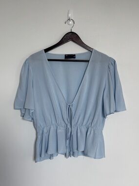 ASOS Pale Blue V-Neck Tie-Front Flutter Blouse